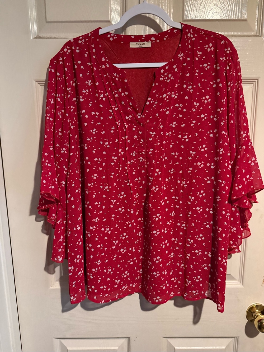 Maison Jules Red Floral Split-Neck Ruffle Sleeve Blouse